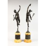 AFTER JEAN BOULOGNE A GOOD PAIR OF 19TH CENTURY BRONZE FIGURES OF MERCURY AND FORTUNE, supported