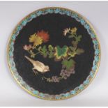 A JAPANESE MEIJI PERIOD CIRCULAR CLOISONNE DISH, decorated with a bird, vines and foliage reserved