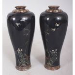 A MIRROR PAIR OF GOOD QUALITY SIGNED JAPANESE MEIJI PERIOD MIDNIGHT BLUE GROUND CLOISONNE VASES,