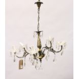 A GILT METAL FIVE BRANCH CHANDELIER, with cut glass pans and drops. 1ft 1ins high x 1ft 10ins wide.