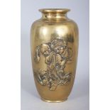 A GOOD QUALITY JAPANESE MEIJI PERIOD POLISHED BRONZE VASE, the sides cast in relief with a portrayal