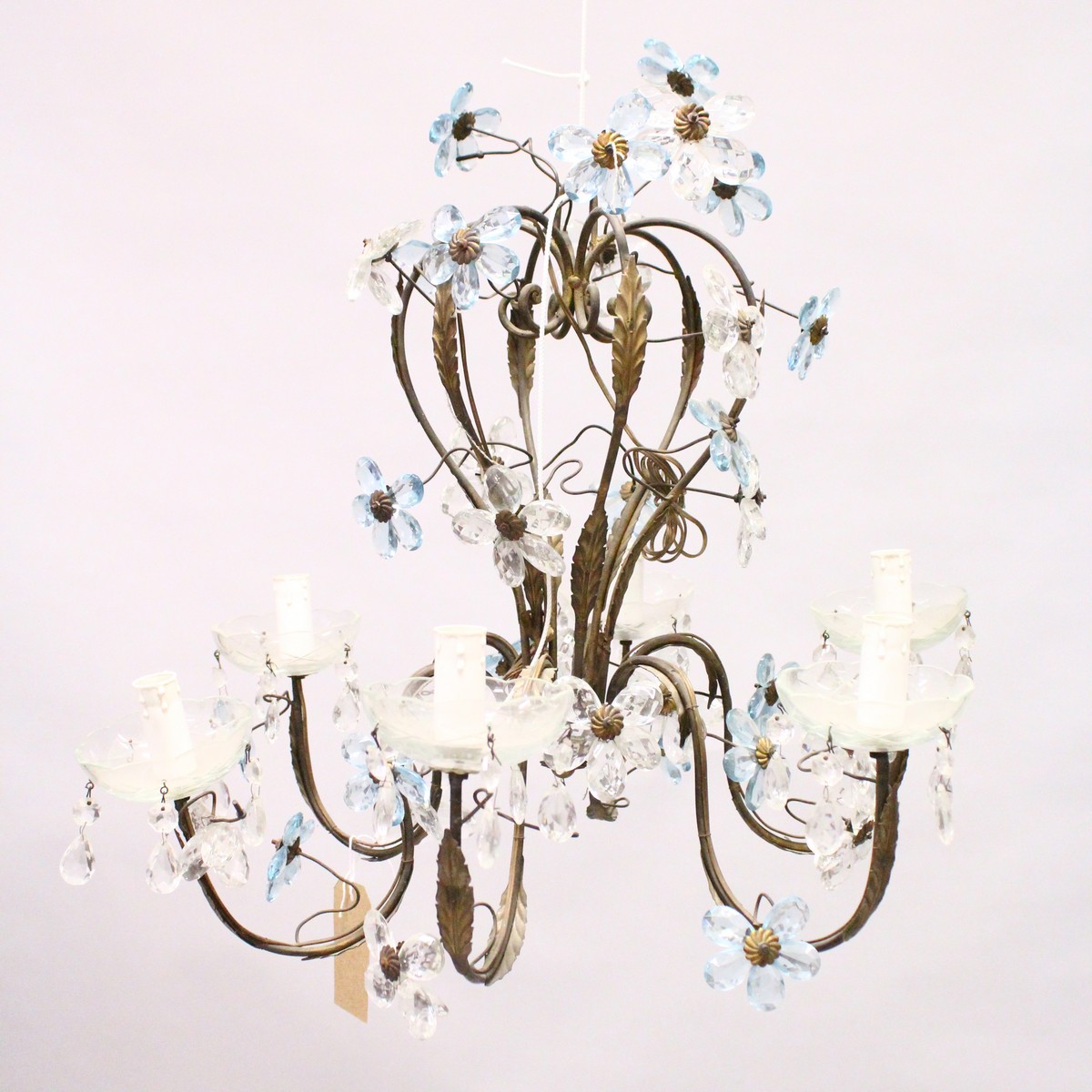 A DECORATIVE ORMOLU AND GLASS SIX BRANCH CHANDELIER, with glass flower head decoration. 1ft 10is