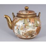 A JAPANESE SATSUMA TEAPOT AND COVER, painted with reverse panels of figures and fans. 3ins high.