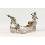 A GOOD WMF ART NOUVEAU BOAT SHAPED BASKET, with a young girl sitting on the rear. 18ins long.