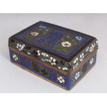 A CLOISONNE RECTANGULAR BOX AND COVER, with calligraphy and floral decoration. 3.5ins wide.