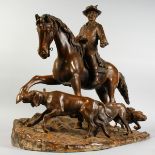 AFTER PIERRE-JULES MENE A SUPERB LARGE BRONZE GROUP, HUNTING, a man on horseback with three