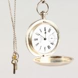 A GENTLEMAN'S SILVER .875 GUSTAVE JACOT LOCLE POCKET WATCH AND CHAIN.