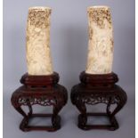 A GOOD LARGE PAIR OF FINE QUALITY SIGNED JAPANESE MEIJI PERIOD IVORY TUSK VASES, on fitted revolving