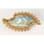 A 19TH CENTURY FRENCH SHAPED ROCOCO TRAY, inset with a silk under glass of a courting couple.