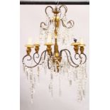 A GILTWOOD, ORMOLU AND CUT GLASS SIX BRANCH CHANDELIER. 2ft 0ins high x 2ft 0ins wide.