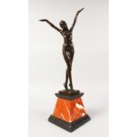 AFTER CHIPARUS AN ART DECO STYLE FIGURE OF A FEMALE DANCER, on a stepped square marble base. 22ins