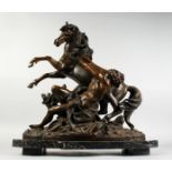 A LARGE BRONZE GROUP OF A YOUNG MAN TRYING TO RESTRAIN A POITEVIN HORSE, standing on a marble