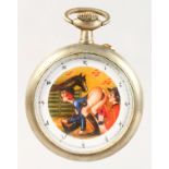 A LARGE PLATED POCKET WATCH, the dial painted with an erotic scene. 2.5ins diameter.