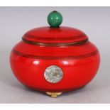 AN UNUSUAL 20TH CENTURY JAPANESE RED GROUND CLOISONNE KORO & COVER, the sides decorated with