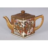 A JAPANESE SQUARE SATSUMA TEAPOT AND COVER, with panels of geishas. 3ins high.