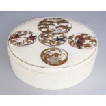 A SIGNED JAPANESE MEIJI PERIOD SHIBAYAMA & IVORY CIRCULAR BOX & COVER, the cover decorated in gold