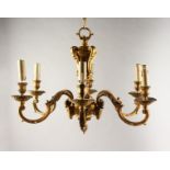 A GOOD FRENCH ORMOLU SIX-LIGHT CHANDELIER, with acanthus mounted scrolling arms.