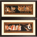 A PAIR OF CLASSICAL GREEK FRIEZES, gouache on paper, framed and glazed. 15ins x 31ins.