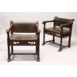 A GOOD PAIR OF 19TH CENTURY ITALIAN WALNUT ARMCHAIRS, with brass studded leather backs and seats,