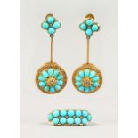 A VICTORIAN GOLD DOUBLE-ROW TURQUOISE RING and A PAIR OF DROP EARRINGS.