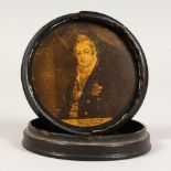 A WILLIAM IV CIRCULAR PAPIER MACHE SNUFF BOX.