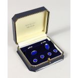 A STERLING SILVER AND LAPIS CUFFLINKS AND STUDS SET.