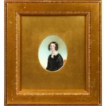 A VICTORIAN GILT FRAMED OVAL PORTRAIT OF A LADY, seated in a black dress and white scarf. 3.5ins x