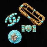 A GOLD AND TURQUOISE BUCKLE and THREE TURQUOISE SET BROOCHES (4).