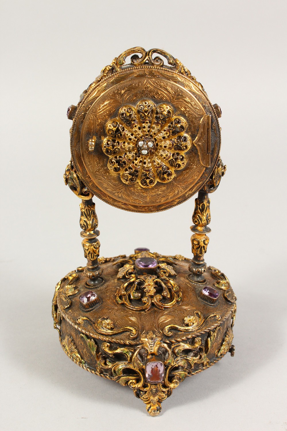 A VERY GOOD RUSSIAN SILVER GILT MUSICAL CLOCK, set with semi-precious stones, the face painted - Image 4 of 6