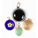 A VICTORIAN ONYX CIRCULAR FOB and THREE LOCKETS (4).