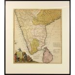 AN 18TH CENTURY MAP OF INDIA AND CEYLON, part hand coloured, framed and glazed. 29ins x 26ins.
