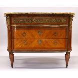 A GOOD 19TH CENTURY FRENCH KINGWOOD, MARBLE AND ORMOLU MOUNTED COMMODE, of serpentine outline,