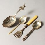 A DUTCH SILVER SPOON, two other spoons and a fork.