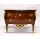 A GOOD 19TH CENTURY FRENCH MAHOGANY, MARBLE AND ORMOLU MOUNTED MARQUETRY INLAID BOMBE COMMODE,