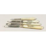 FOUR SILVER AND MOTHER-OF-PEARL FRUIT KNIVES.