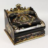 A VERY GOOD VICTORIAN BLACK PAPIER MACHE TABLE DESK, decorated in gilt with mother-of-pearl, lift up