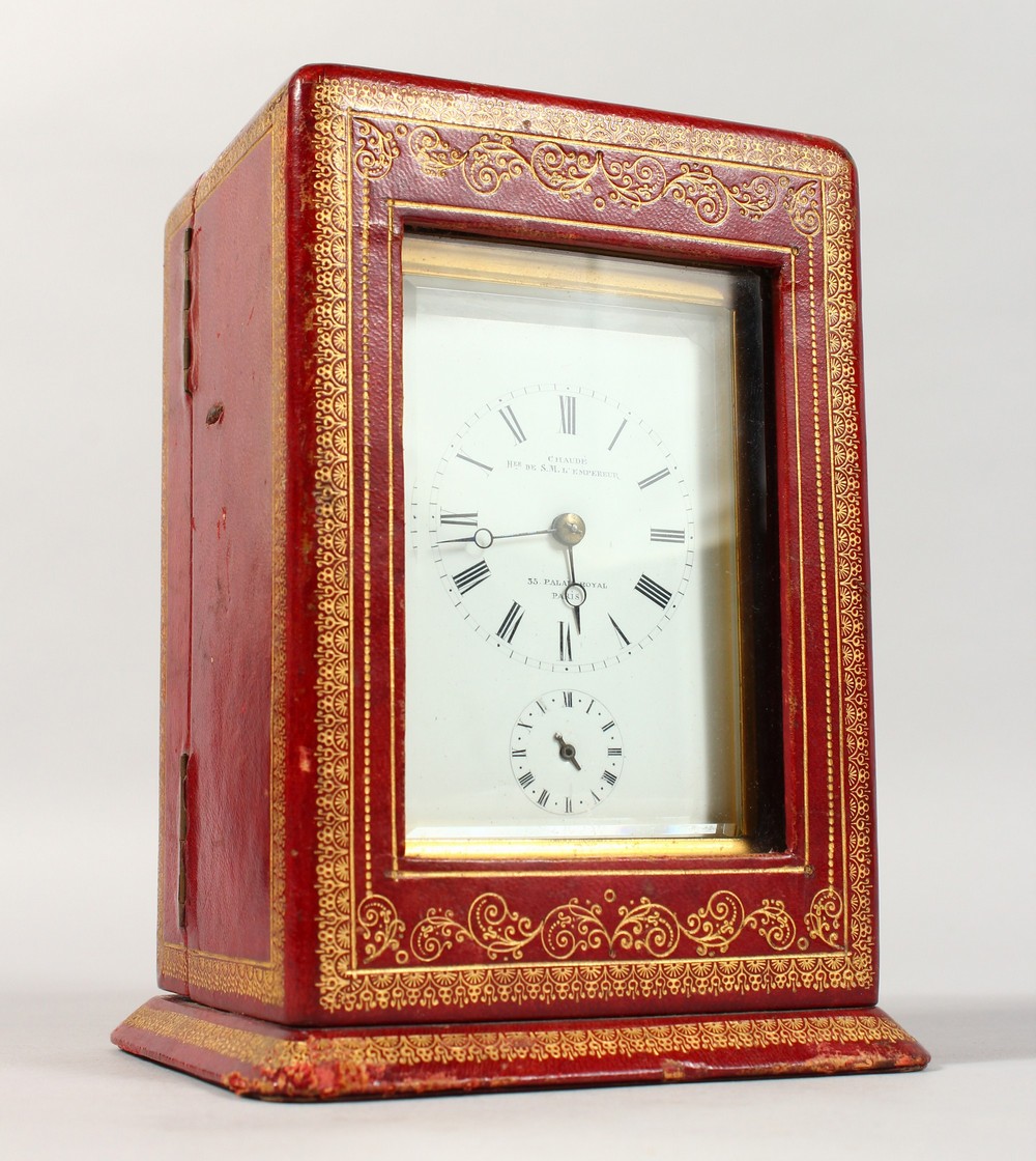 A VERY GOOD FRENCH BRASS CARRIAGE CLOCK by CHAUDE, PARIS. 5ins high, in a red leather case.