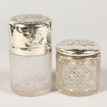 A VICTORIAN GLASS SALTS JAR AND COVER, repousse with angel head, Birmingham 1897, and A PIN JAR,