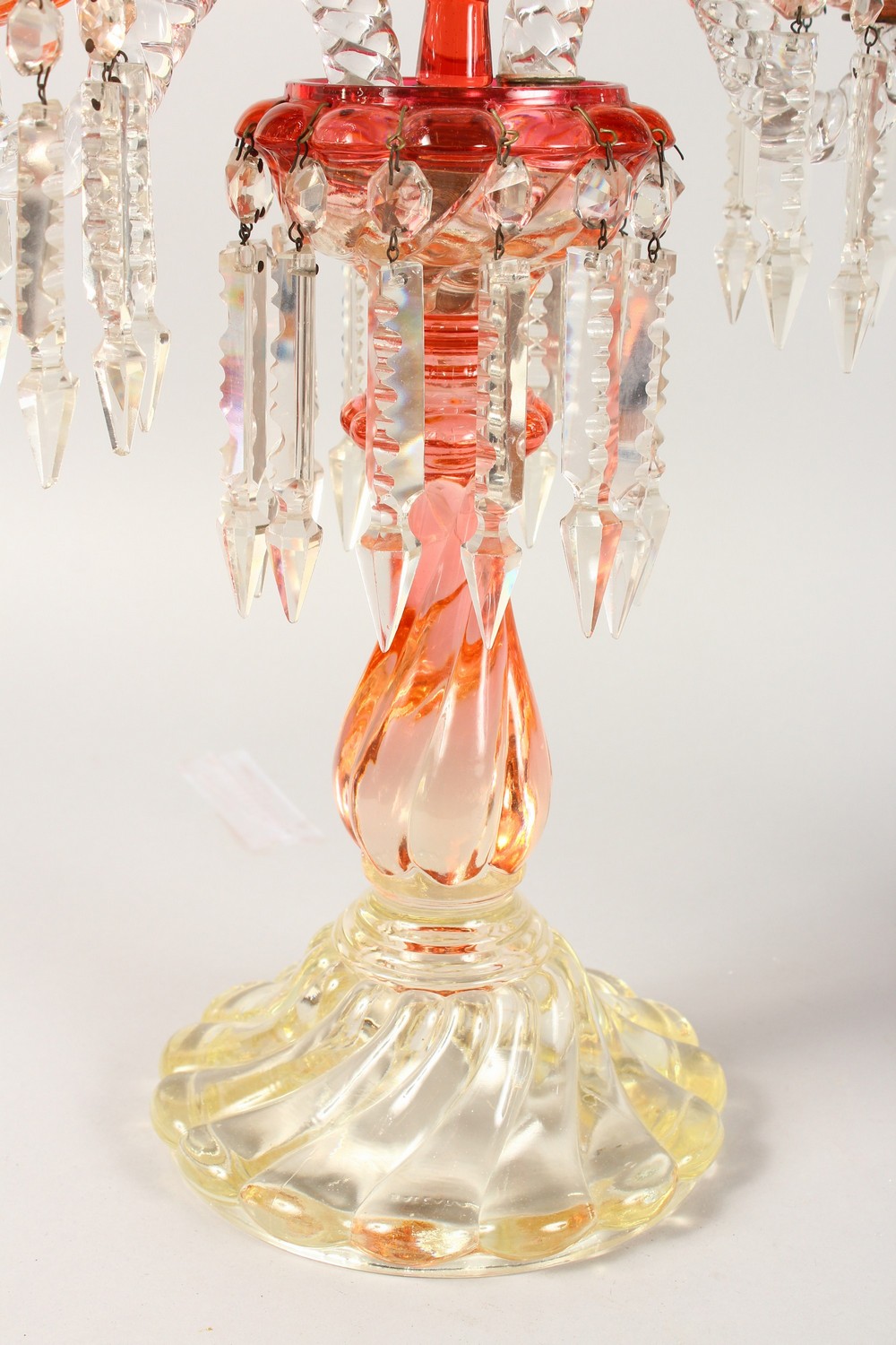 A SUPERB PAIR OF BACCARAT TWO-COLOUR GLASS TABLE CANDELABRA, with three candle sconces, pair of - Image 4 of 10