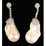 A PAIR OF 18CT WHITE GOLD, BAROQUE PEARL AND DIAMOND EARRINGS.