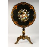 A GOOD VICTORIAN PAPIER MACHE, MOTHER-OF-PEARL AND GILDED TILT TOP TRIPOD TABLE, the centre