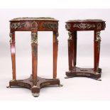 A PAIR OF LOUIS XVI DESIGN MAHOGANY, MARBLE AND ORMOLU CIRCULAR OCCASIONAL TABLES, each with four