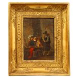 A 19TH CENTURY OIL ON CANVAS, figures in a tavern, in a gilt frame. Frame: 13ins x 11ins.