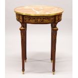 A LOUIS XVI DESIGN CIRCULAR TABLE, with marble top, ormolu mounts and tapering legs. 2ft diameter.