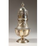 A GOOD LARGE CARRINGTONS VICTORIAN SILVER SUGAR SIFTER, with urn finial, masks and garlands.