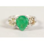 AN 18CT THREE STONE PEAR SHAPED EMERALD AND DIAMOND RING of 2cts approx.