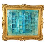 A GILT FRAMED ABSTRACT in blue. 16ins x 19ins.