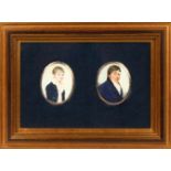 FREDERICK BUCK A PAIR OF OVAL MINIATURES of a young boy and gentleman. 2.5ins x 2ins, in a single