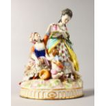 AN 18TH CENTURY STYLE CONTINENTAL PORCELAIN GROUP of a lady being comforted by her maid, a cupid