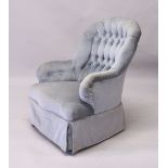 A VICTORIAN BUTTON UPHOLSTERED BEDROOM CHAIR, on turned front legs. 2ft 3ins wide x 2ft 10ins high.